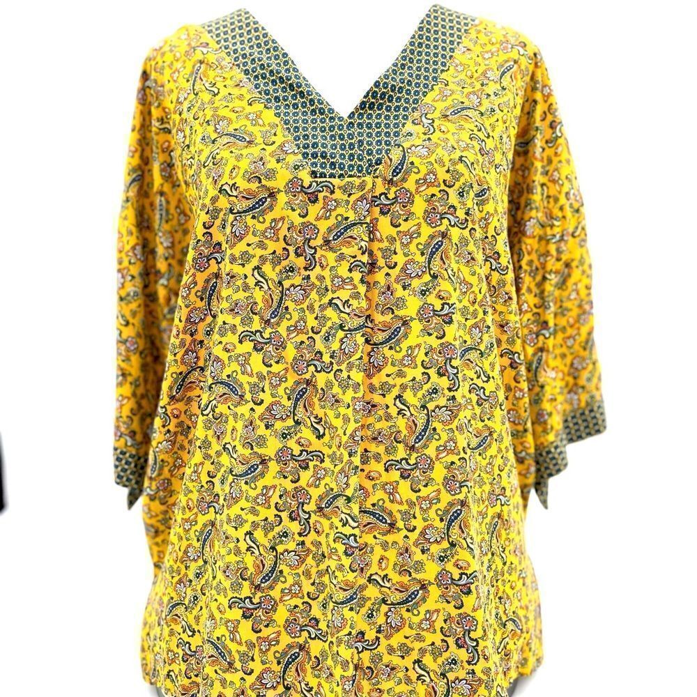PROMOD Women's Top V Neck Short Sleeve Paisley From Paris Yellow Medium NEW